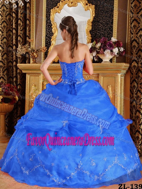 Blue Strapless Organza Dress for Quinceanera with Appliques and Pick-ups