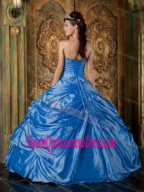 Taffeta Appliqued Teal Strapless Dress for Quinceaneras with Beaded Bust