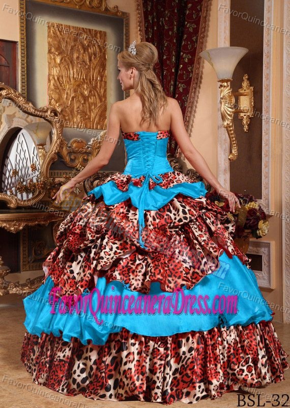 Taffeta and Leopard Pick-ups Decorated Strapless Sweet 16 Dress in Blue