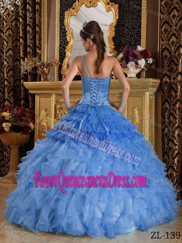 One Shoulder Sky Blue Satin and Organza Quinceaneras Dress with Beads