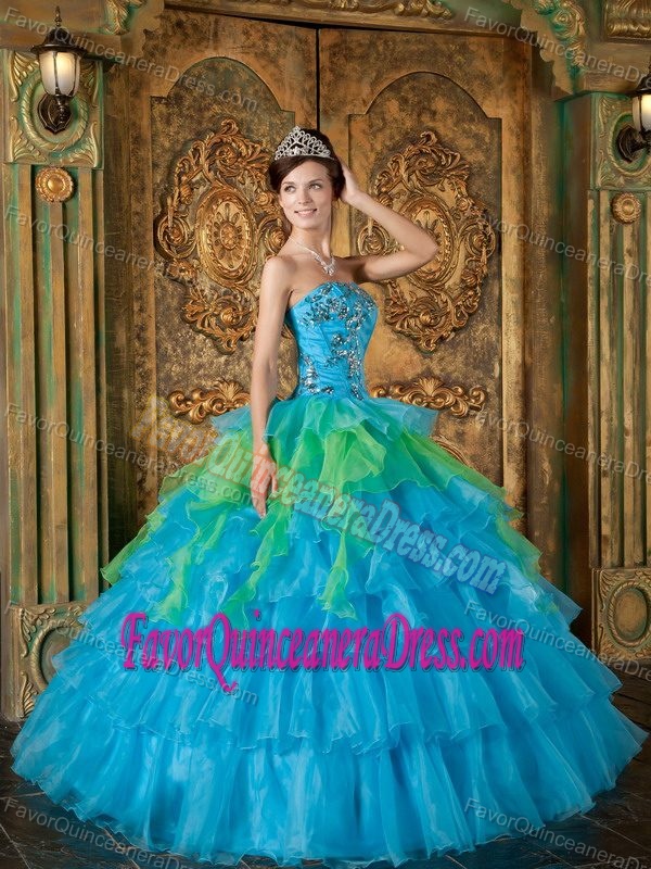 Ruffled Blue Organza Sweet Sixteen Quinceanera Dresses with Appliques