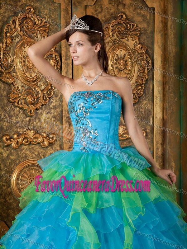 Ruffled Blue Organza Sweet Sixteen Quinceanera Dresses with Appliques
