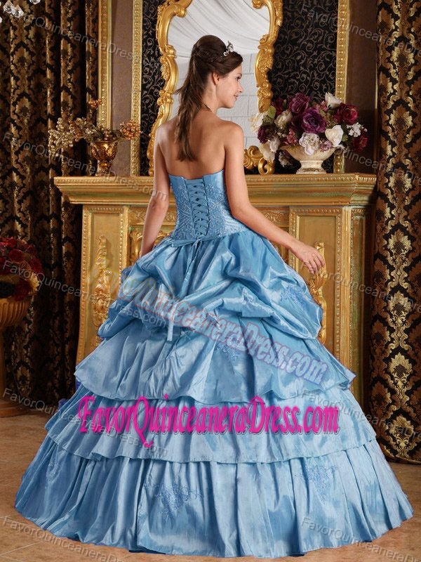Taffeta Beaded and Ruffled Light Blue Quinceaneras Dress with Pick-ups