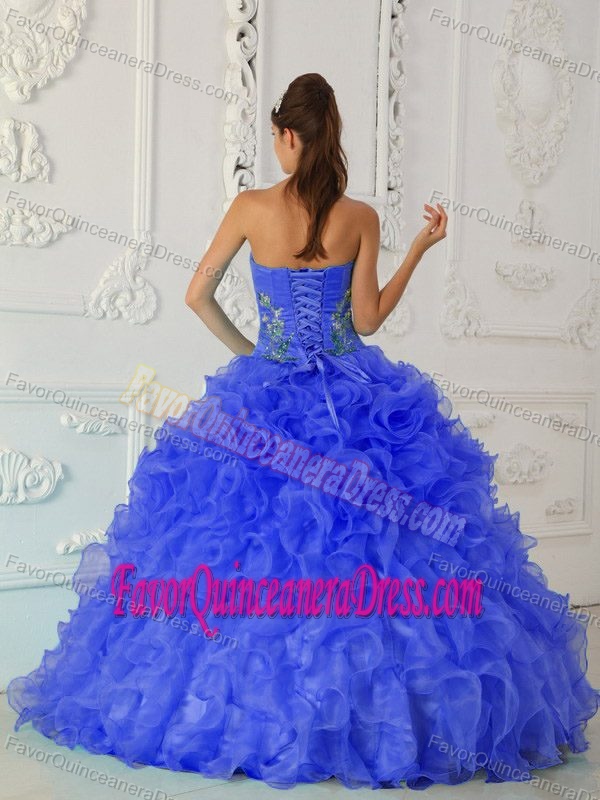 Exquisite Strapless Embroidery Sweet Sixteen Dresses in Blue with Ruffle