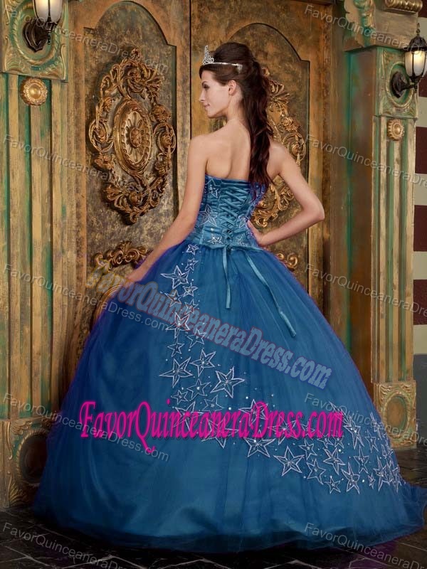 Appliqued Tulle Teal Sweetheart Quinceanera Gown Dresses with Beads