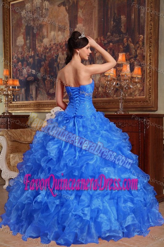 Blue Sweetheart Organza Beaded Quinceanera Dress with Ruffles and Ruche