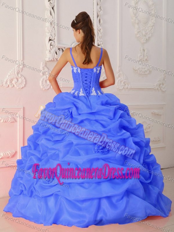 Straps Satin and Organza Appliqued Sweet Sixteen Dresses with Pick-ups