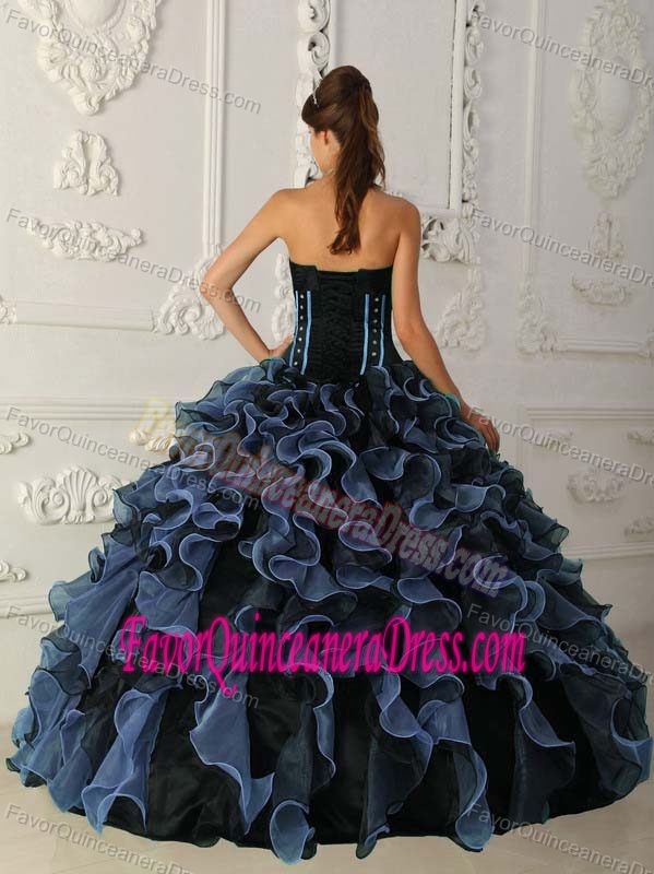 formal Black and Blue Organza Beaded Quinceaneras Dresses with Lace Up Back