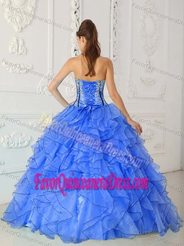 Flirty Organza Blue Beaded Appliqued Quinceanera with Ruffled Layers for Cheap