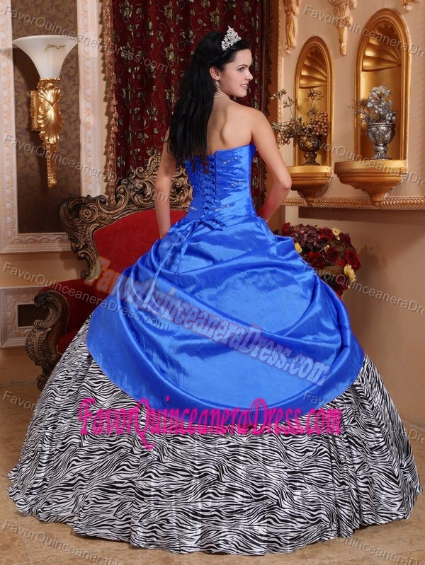Attractive Taffeta and Zebra Floral Beaded Dresses for Quinceaneras on Sale in Blue