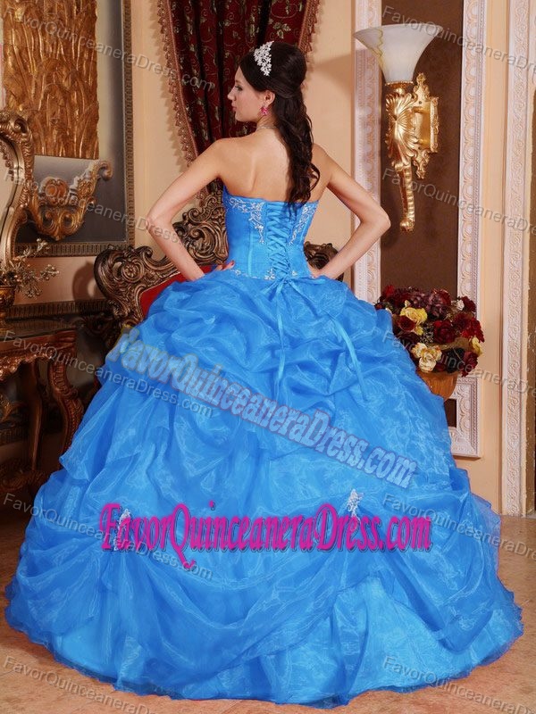 Blue Ball Gown Organza Sweetheart Dress for Quince Embellished with Pick-ups