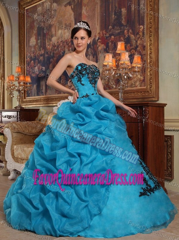 Attractive Blue Strapless Appliqued Taffeta and Organza Sweet Sixteen Dresses