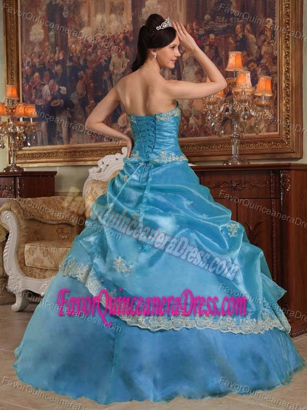 Fitted Aqua Blue Quinceanera Gown Dresses Made in Organza with Floral Appliques