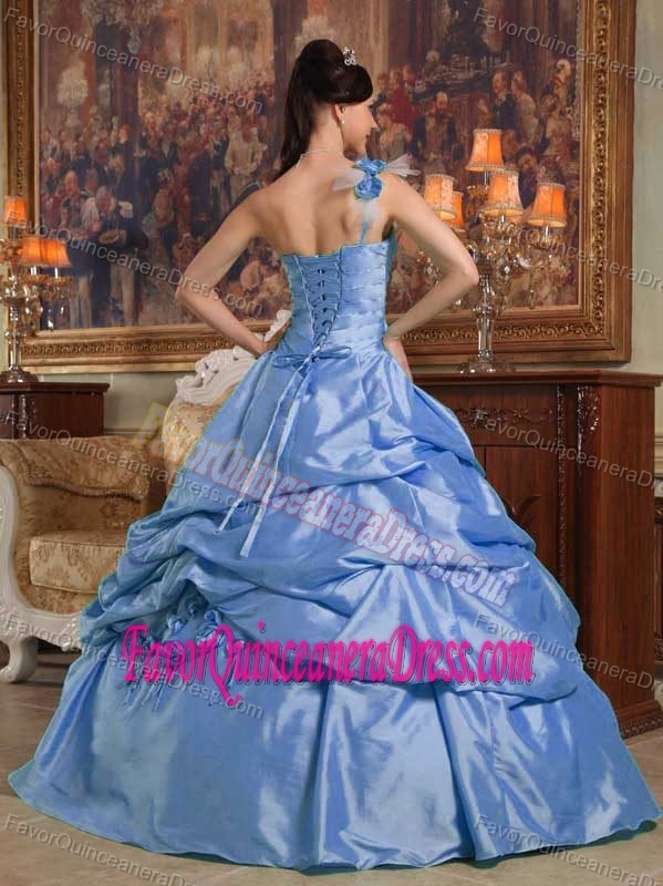One Shoulder Floor-length Nice Blue Quinceaneras Dress with Handmade Flowers
