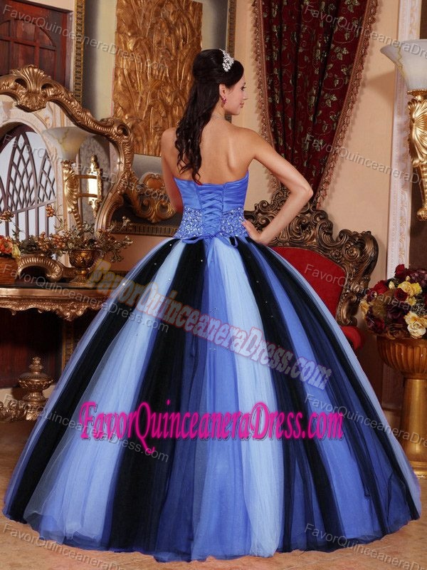 Traditional Sweetheart Floor-length Tulle Beaded Quinceanera Dresses in Blue