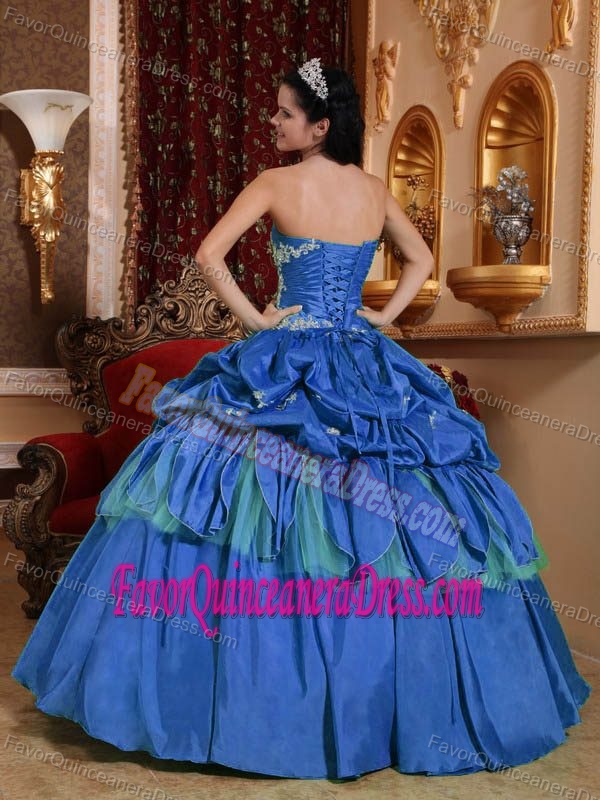 Blue Ball Gown Strapless Iconic Dress for Quince in Taffeta Decorated with Pick-ups