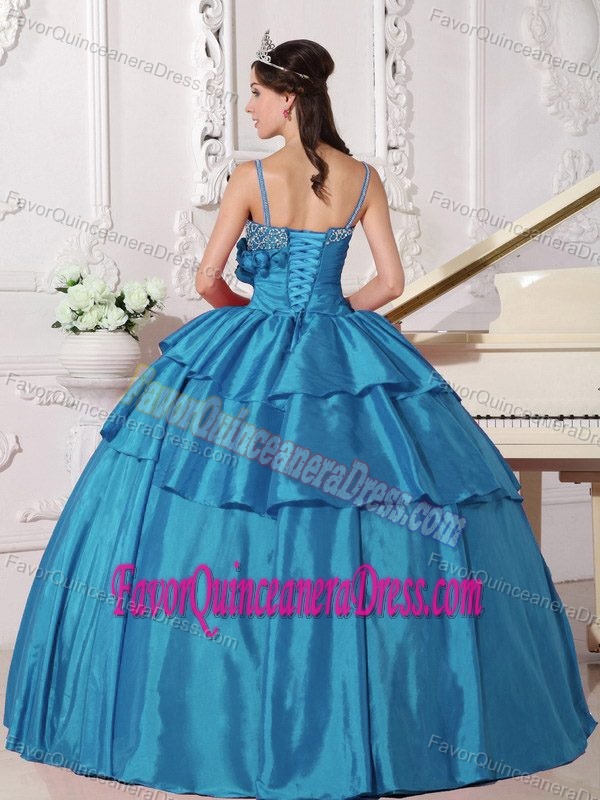 Teal Vintage Dress for Quinceaneras in Taffeta Embellished with Handmade Flowers