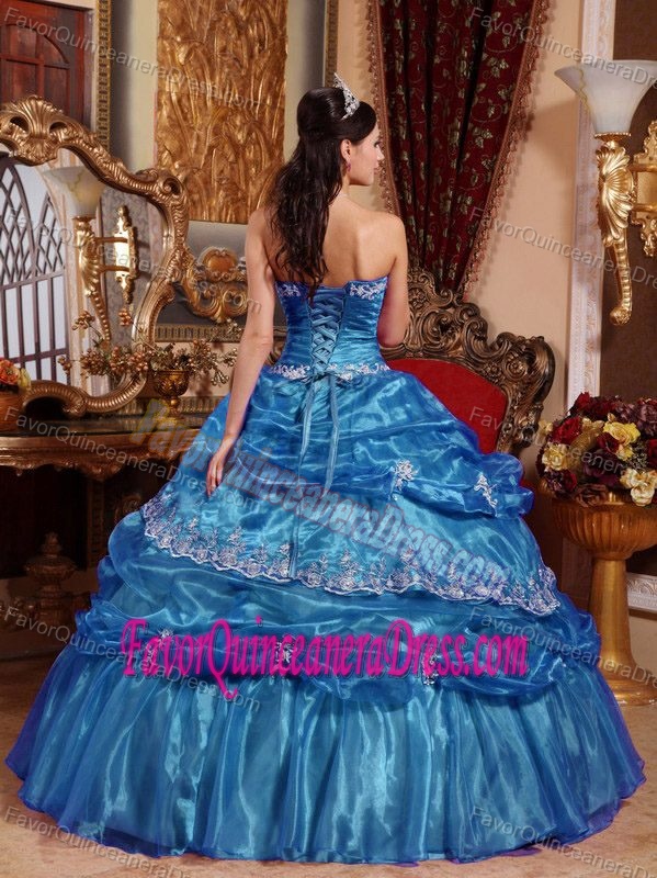 Strapless Floor-length Organza Most Recent Blue Sweet 15 Dresses with Appliques