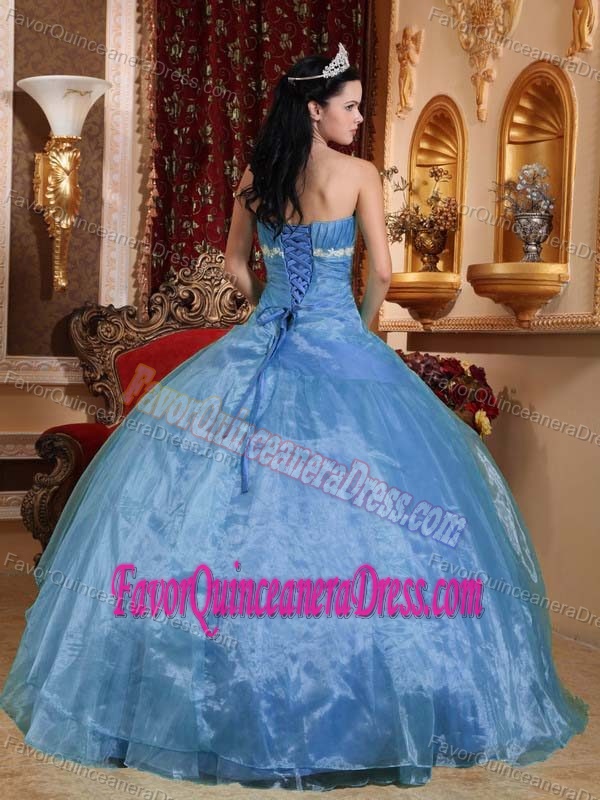 Strapless Floor-length Organza Blue Appliqued Righteous Dresses for Quinceaneras