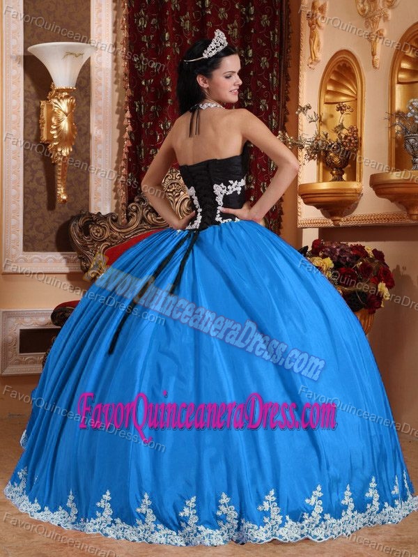 Baby Blue and Black Halter Top Urbane Sweet 16 Dresses in Taffeta and Organza