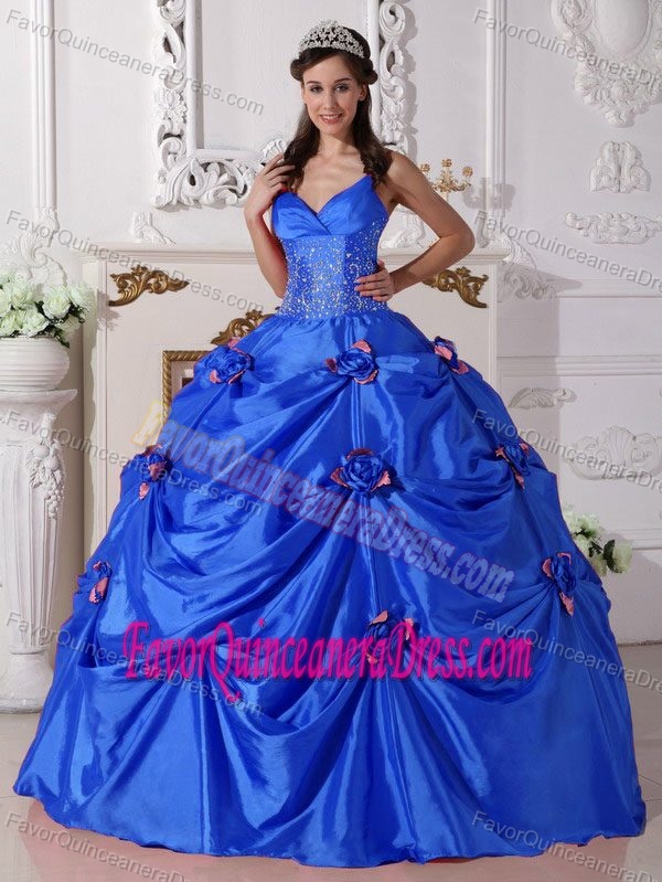 Blue Up-to-date Taffeta Quinceaneras Dress with Spaghetti Straps and Flowers