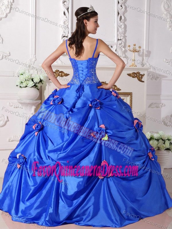 Blue Up-to-date Taffeta Quinceaneras Dress with Spaghetti Straps and Flowers