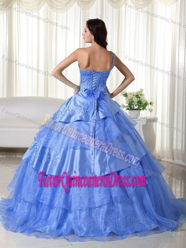 Blue Ball Gown One Shoulder Tony Quinceanera Gown with Ruffled Layers on Sale