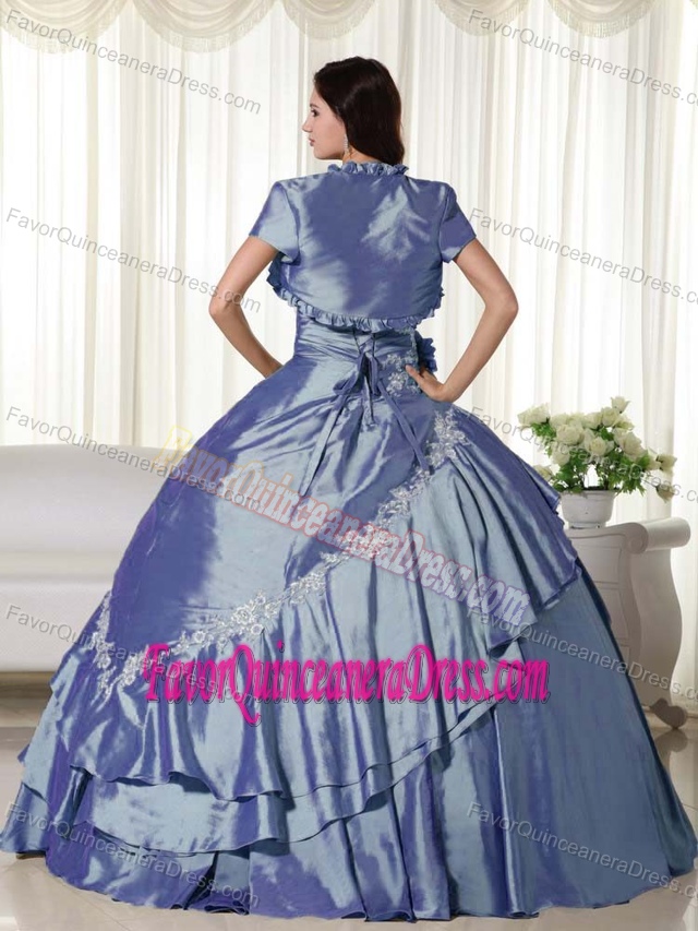 Taffeta Ruched Blue Attractive Dress to Floor Decorated with Handmade Flowers