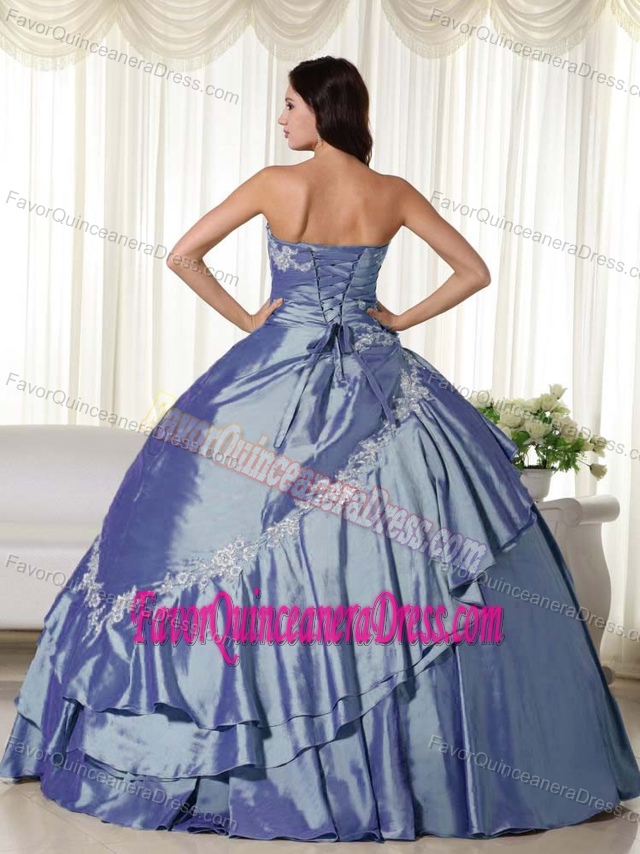 Taffeta Ruched Blue Attractive Dress to Floor Decorated with Handmade Flowers