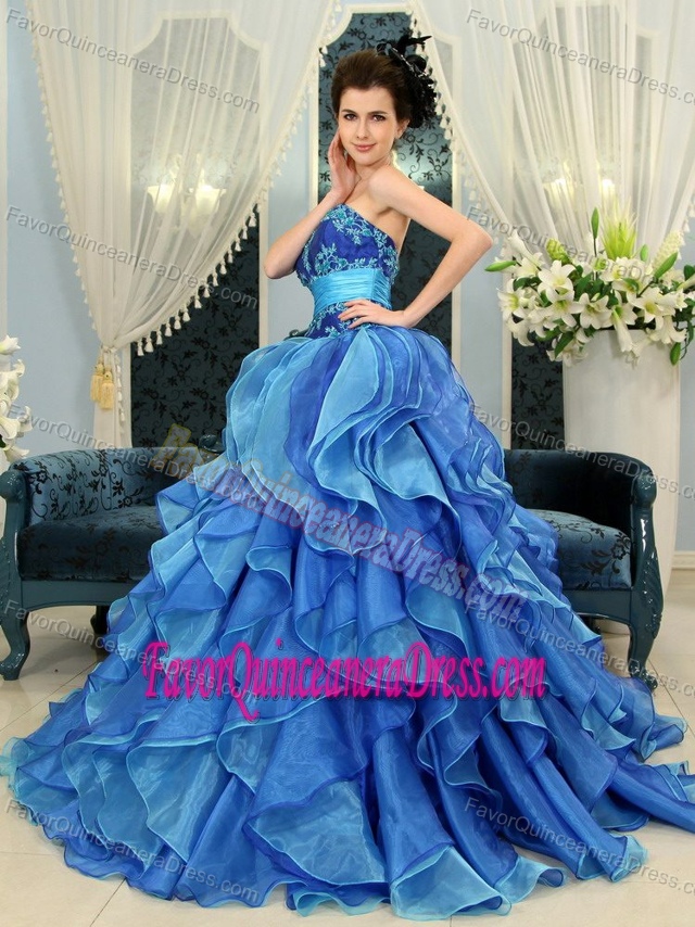 Blue Princess Sweetheart Organza Sharp Dress for Quince with Beaded Bodice
