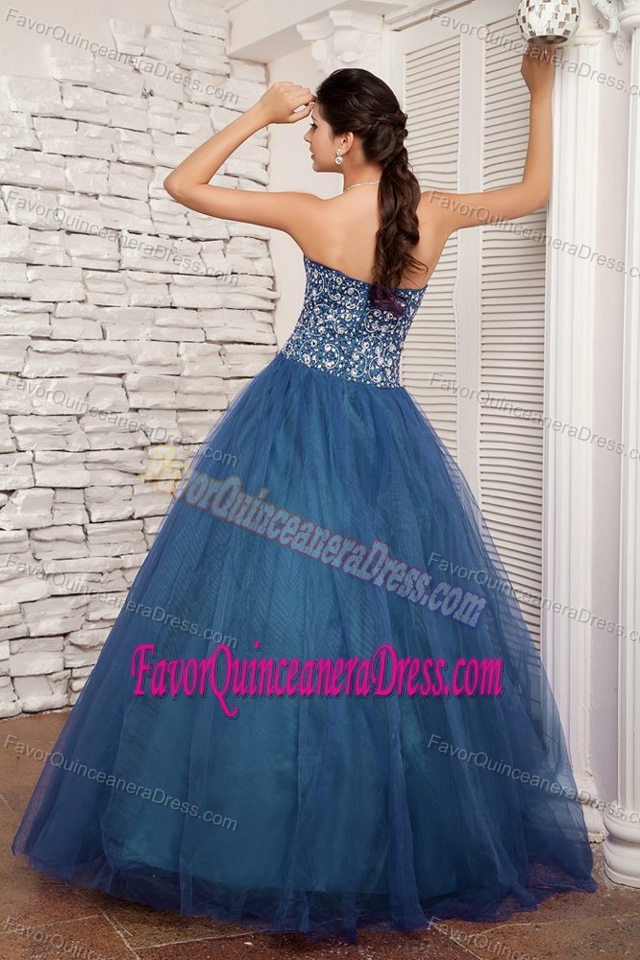 Rakish Blue A-line Sweetheart Zipper Up Sweet 16 Dress Made in Tulle with Beading