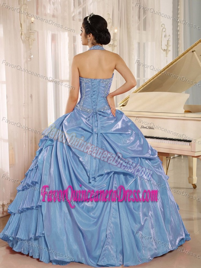 Polished Halter Top Aqua Blue Pleated Quinceaneras Dresses with Ruffled Layers