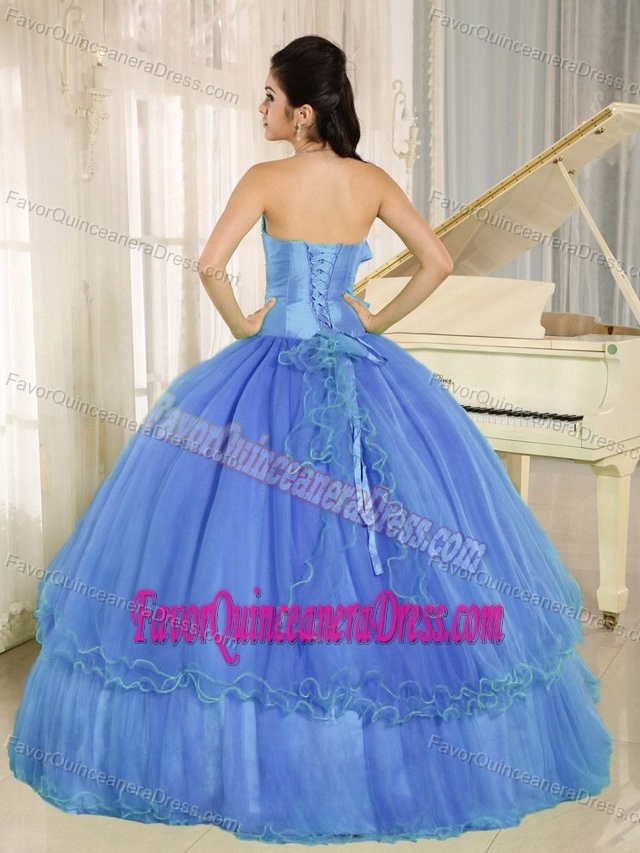 High-class Blue Beaded Dress for Quinceaneras Decorated with Handmade Flower
