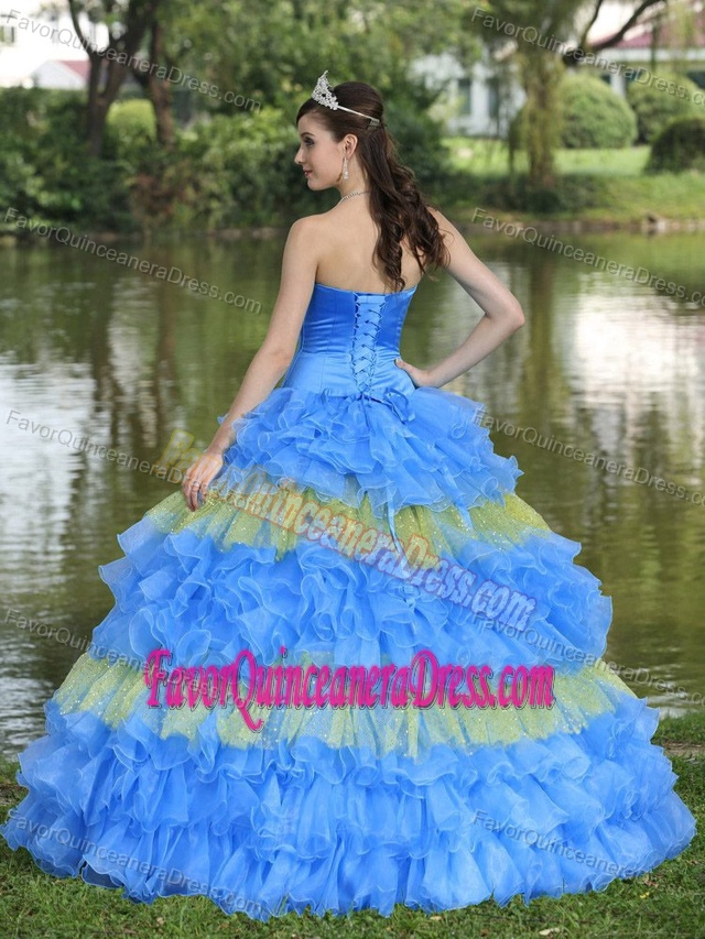 Strapless Beaded Ruffled Blue and Yellow Organza Lace Up Sweet Sixteen Dresses