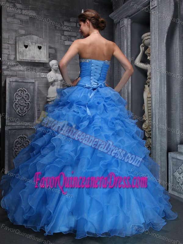 Beautiful Blue Beaded Appliqued Quinceanera Gown Made in Taffeta and Organza