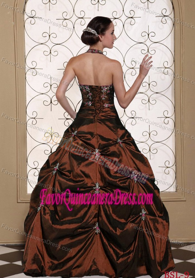 Impressive Halter Top Embroidered Taffeta Dresses for Quinceanera in Brown