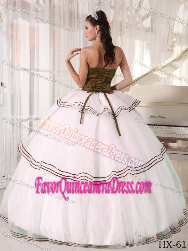 Attractive White and Brown Beaded Floor-length Organza Dresses for Quince
