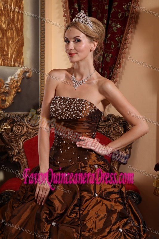 Romantic Brown A-line Strapless Floor-length Taffeta Dresses for Quince