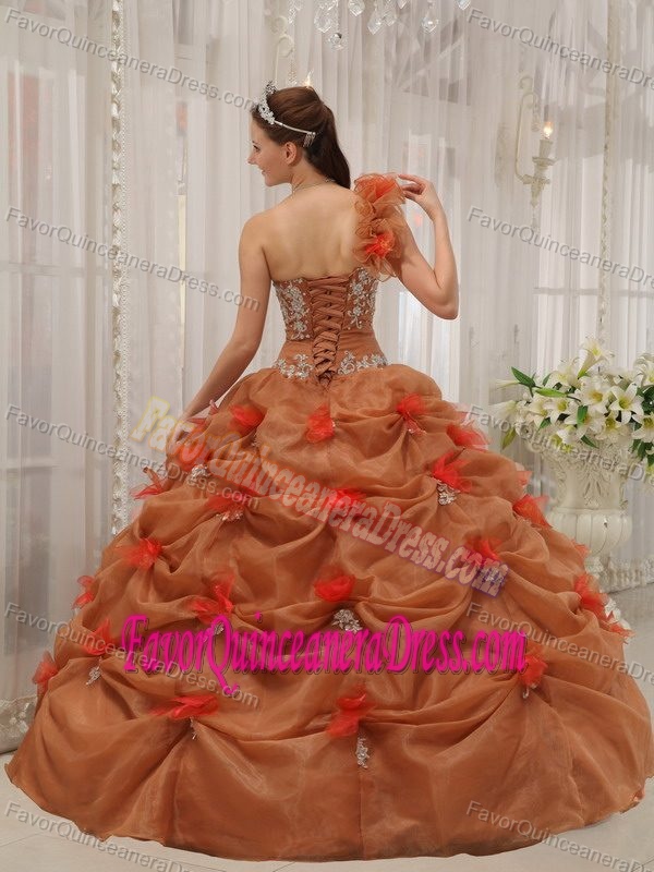 Fashionable One-shoulder Rust Red Organza Sweet Sixteen Quinceanera Dress