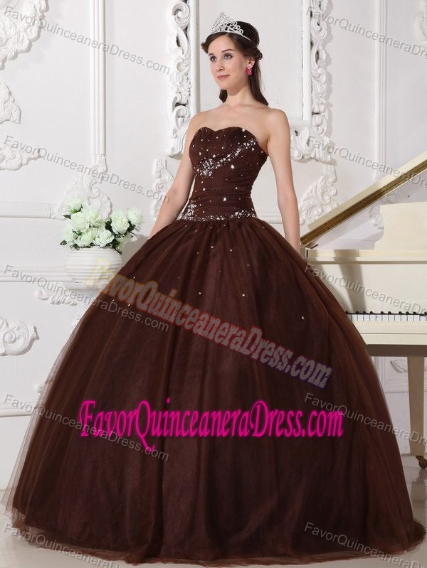 Beautiful Lace-up Long Tulle Sweet Sixteen Dresses in Brown with Rhinestones