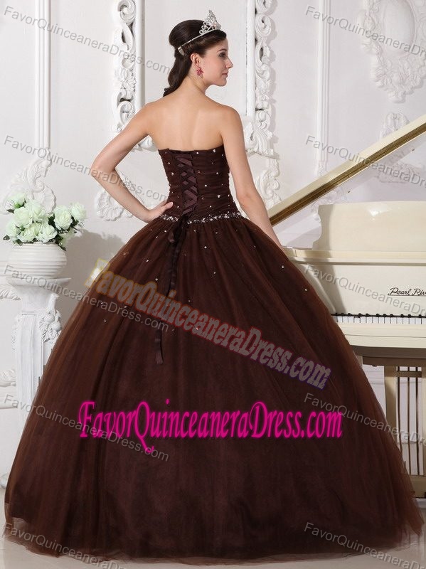 Beautiful Lace-up Long Tulle Sweet Sixteen Dresses in Brown with Rhinestones
