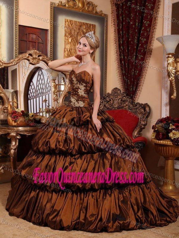 Wonderful Brown Sweetheart Lace-up Taffeta Quince Dress with Chapel Train