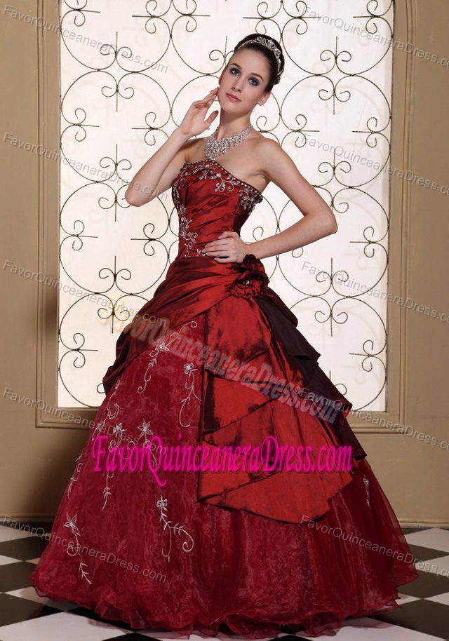Embroidery Strapless Layer Burgundy Lace Up Back Nifty Quinceaneras Dress