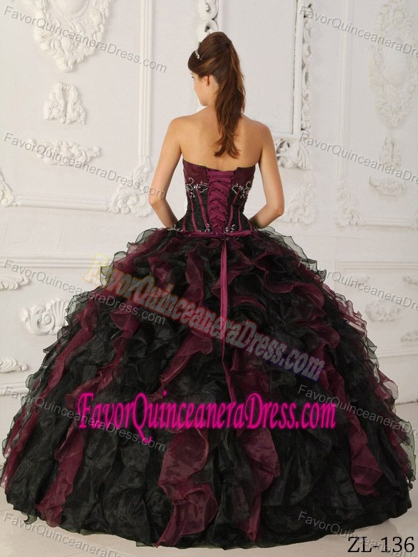 Black and Burgundy Strapless Beading Ruffled In Vogue Quinceanera Gowns