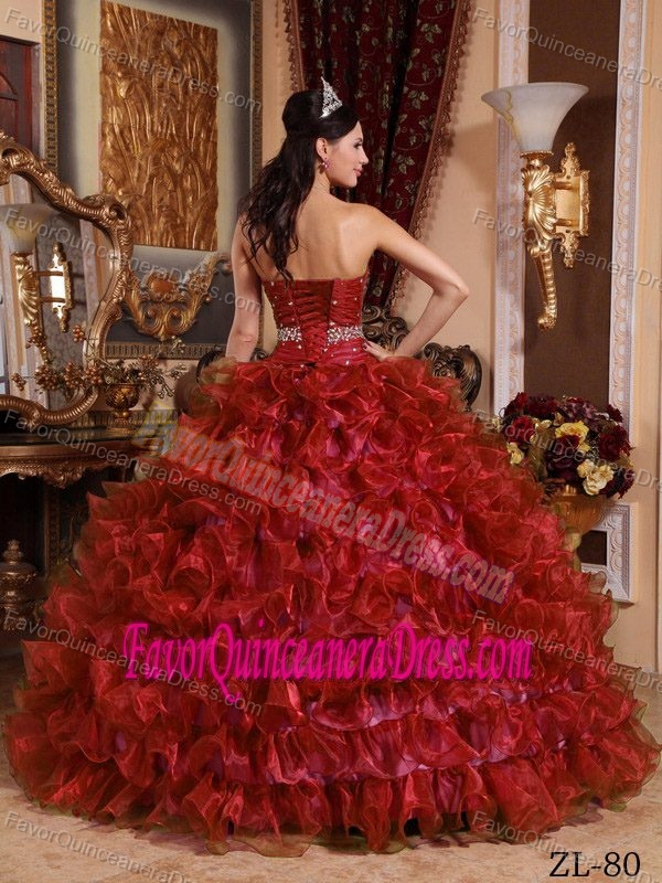 Sweetheart Ruffled Bead Burgundy Organza In fashion Dress for Quinceaneras