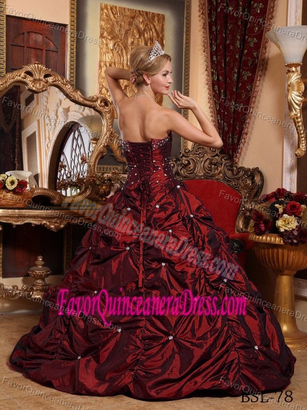 Stunning Beading Strapless Pick Ups Taffeta Burgundy A-line Sweet 16 Dress