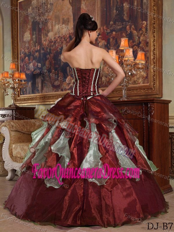 Organza Sweetheart Beading Ruffled Burgundy Dressy Dress for Quinceaneras