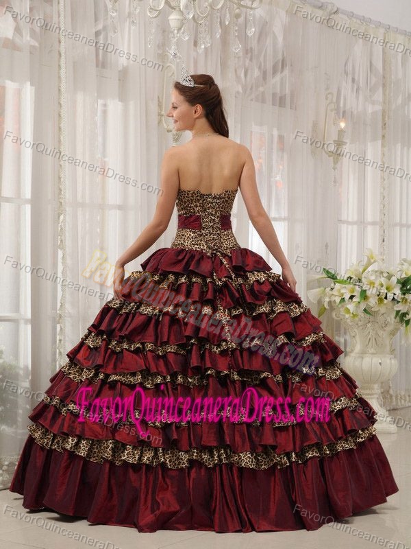 Leopard Sweetheart Burgundy Layered Lace Up Classy Quinceanera Gowns