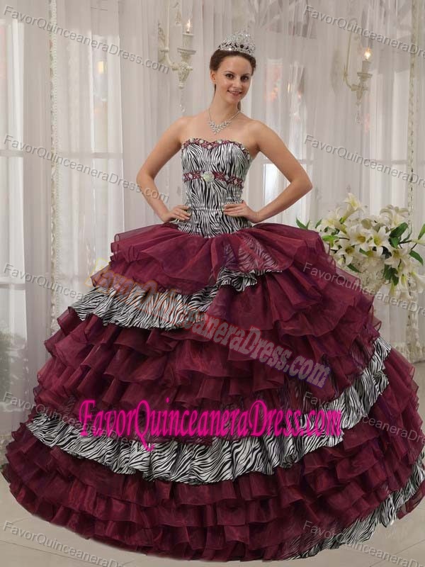Beautiful Zebra Sweetheart Beading Lace-up Layer Burgundy Dress for Quince