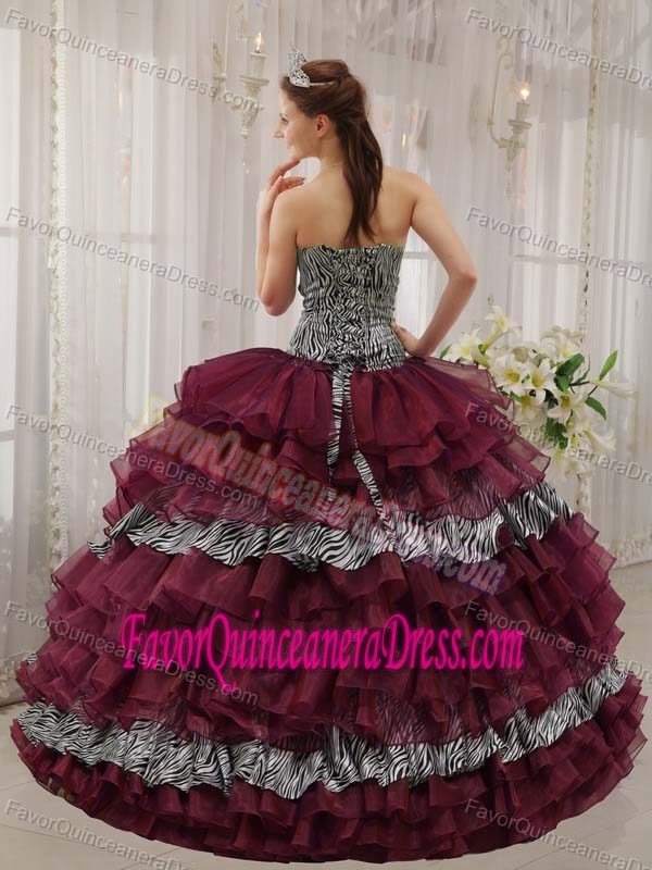 Beautiful Zebra Sweetheart Beading Lace-up Layer Burgundy Dress for Quince